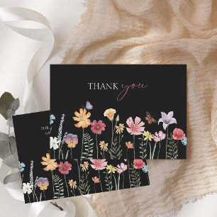 Carte De Remerciements Fleur sauvage simple couleur noire Mariage floral