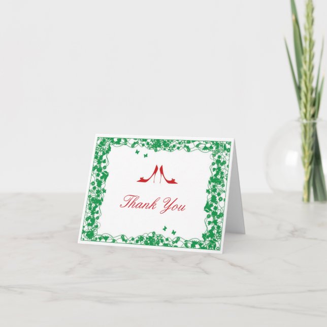 Carte De Remerciements Fleur verte chaussures rouges mariage remerciement (Devant)