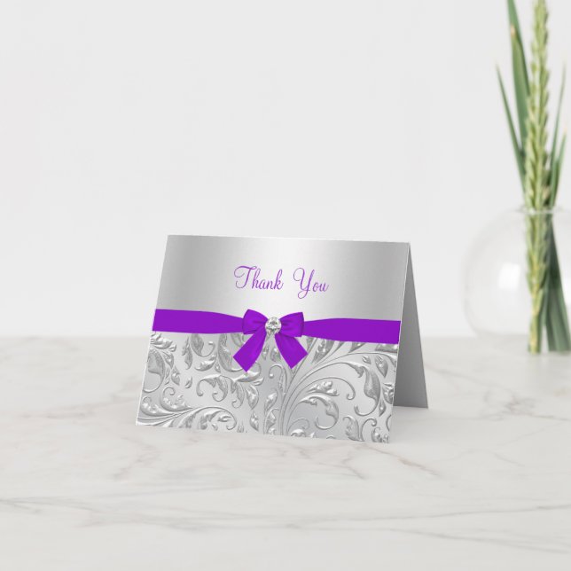 Carte de remerciements fleurie et bow violet (Devant)