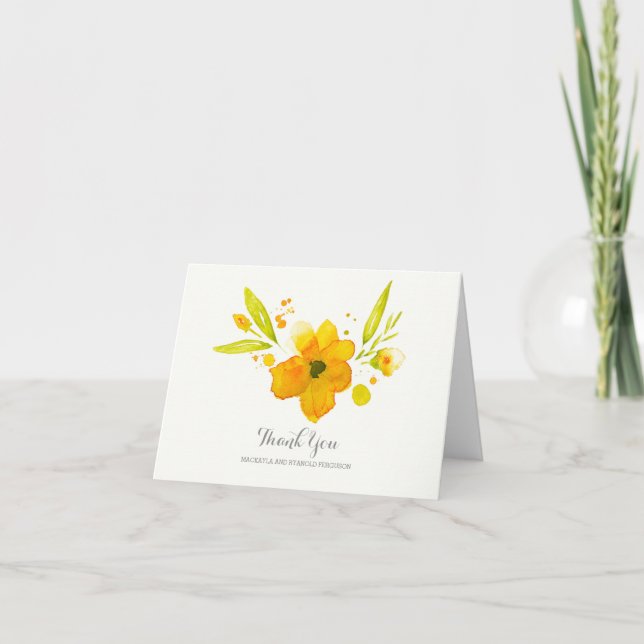 Carte De Remerciements fleurs aquarelle jaune mariage remerciement (Devant)