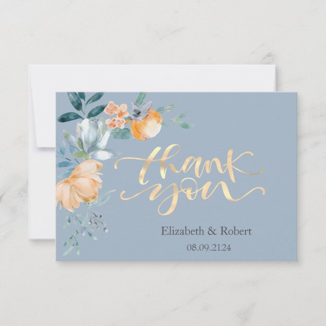 Carte De Remerciements Fleurs aquarelles bleu poussiéreux (Devant)