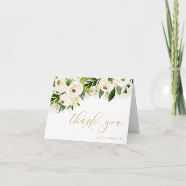 Carte De Remerciements Fleurs aquarelles personnalisées blanc et or (Devant)