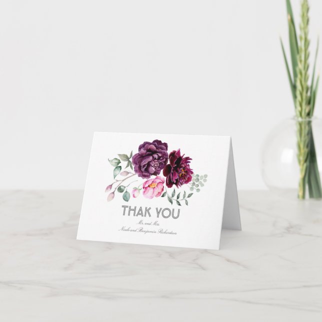 Carte De Remerciements Fleurs aquarelles prune Mariage Remerciements (Devant)