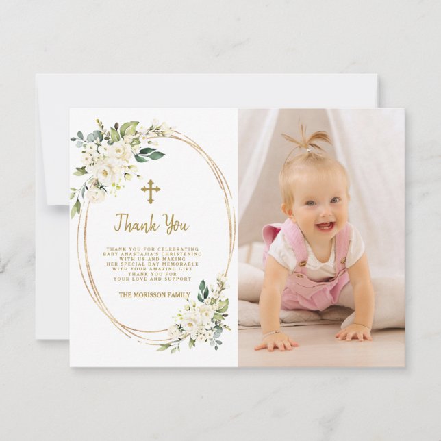 Carte De Remerciements Fleurs Blanches Charmantes Photo Fille Baptême (Devant)