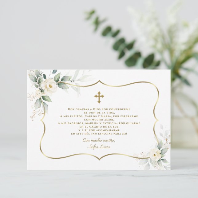 Carte De Remerciements Fleurs blanches espagnoles Gracias Con Oración Bau (Debout devant)