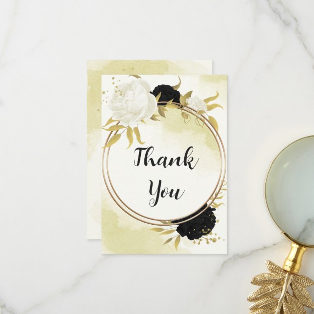 Carte De Remerciements fleurs blanches noires or feuille mariage (Devant/Arrière en situation)