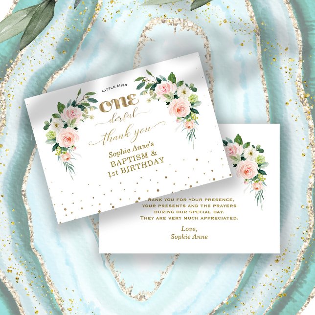 Carte De Remerciements Fleurs blanches roses Fille 1er Anniversaire Baptê (little miss onederful birthday, baptism, thank you card, trendy pink floral baptism 1st birthday)