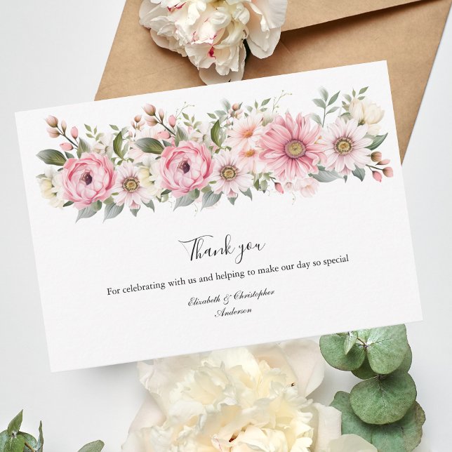 Carte De Remerciements Fleurs blanches roses verdure Mariage Eucalyptus (Pink White watercolor Floral Flower border wedding thank you card)