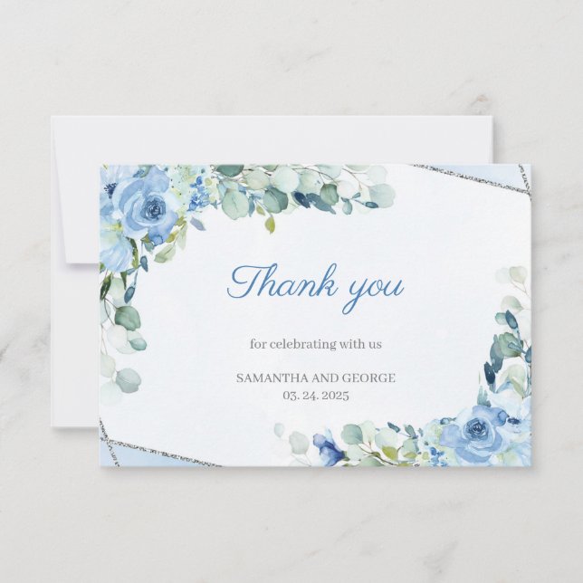 Carte De Remerciements Fleurs bleu clair Faux Mariage géométrique argent (Devant)