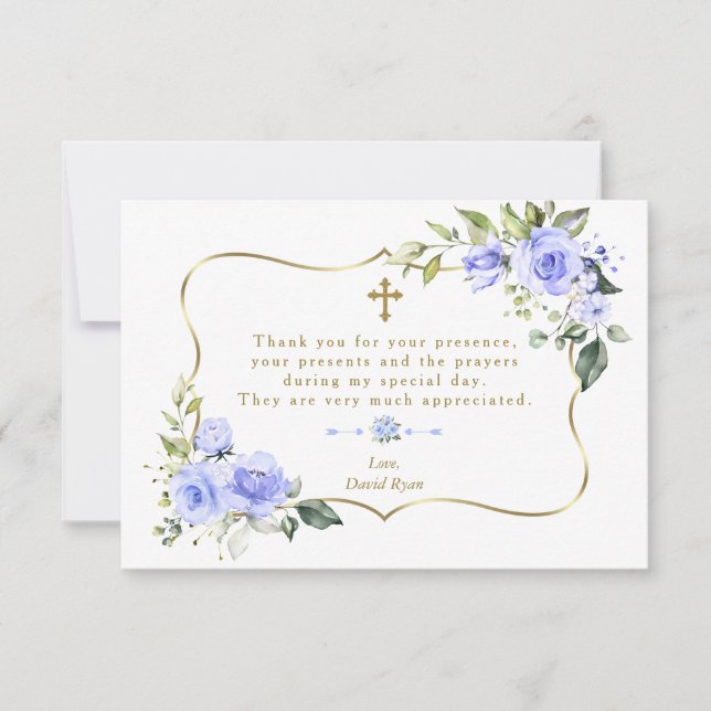 Carte De Remerciements Fleurs bleues de luxe Gold Frame Boy Baptême (Devant)