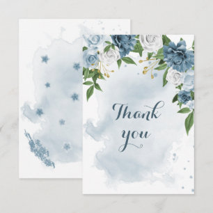 Carte De Remerciements fleurs bleues et blanches verdure