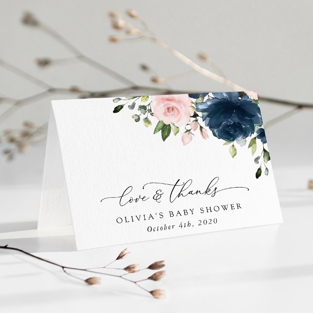 Carte De Remerciements Fleurs Bleues Marine, Fleurs Roses, Baby shower (Créateur téléchargé)