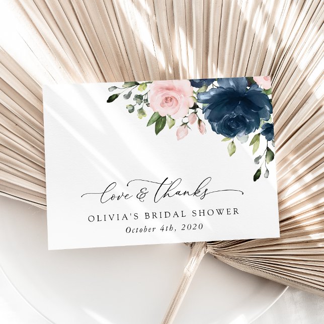 Carte De Remerciements Fleurs Bleues Marine, Fleurs Roses, Fête des marié (Créateur téléchargé)