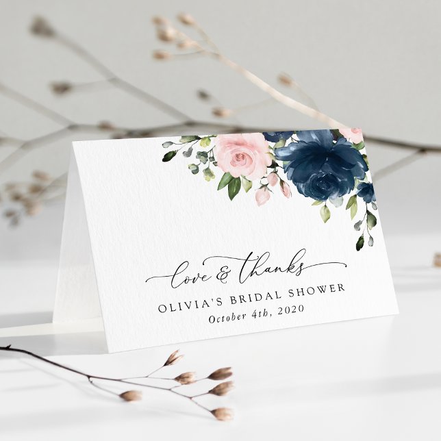 Carte De Remerciements Fleurs Bleues Marine, Fleurs Roses, Fête des marié (Créateur téléchargé)