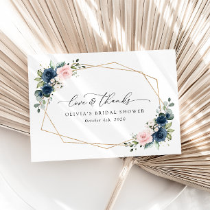 Carte De Remerciements Fleurs Bleues Marine, Fleurs Roses, Fête des marié