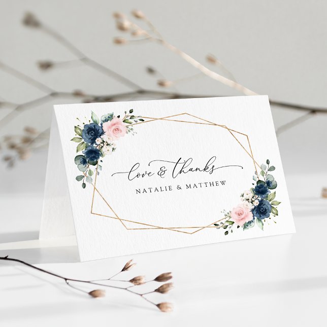 Carte De Remerciements Fleurs Bleues Marine, Fleurs Roses, Mariage Floral (Créateur téléchargé)