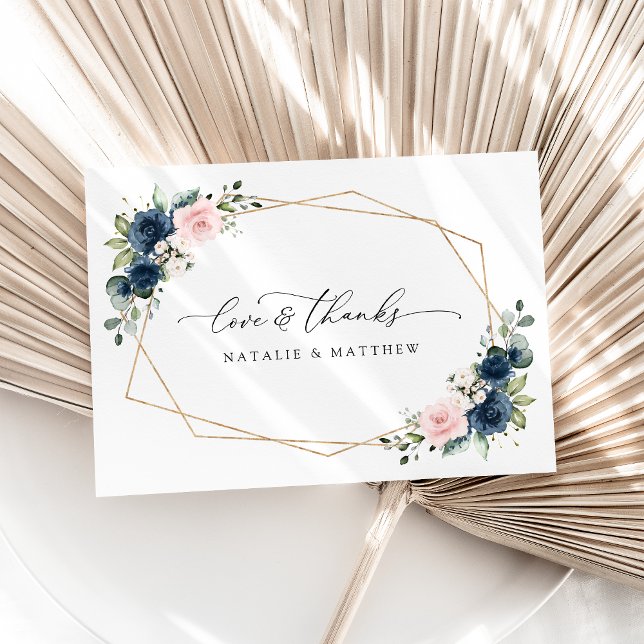 Carte De Remerciements Fleurs Bleues Marine, Fleurs Roses, Mariage Floral (Créateur téléchargé)