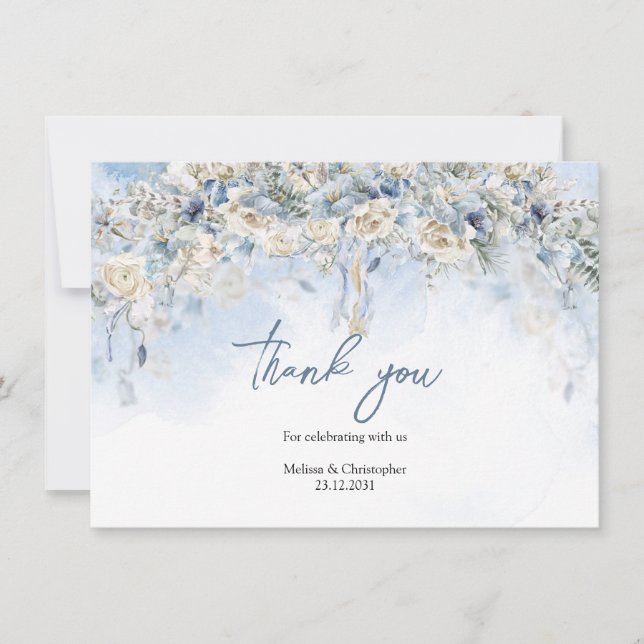 Carte De Remerciements Fleurs bleues poudreuses saisonnières roses blanch (Devant)