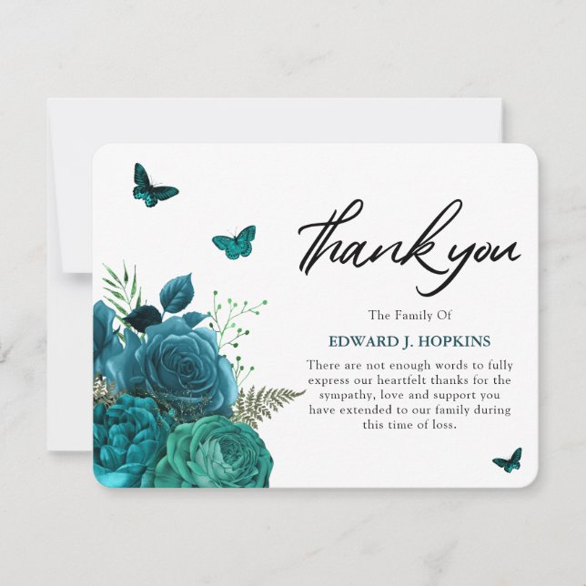 Carte De Remerciements Fleurs bleues turquoise et papillons funéraires (Devant)