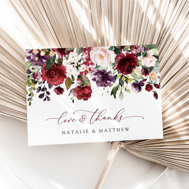 Carte De Remerciements Fleurs Bourgogne, Fleurs roses, Verdure, Mariage (Créateur téléchargé)