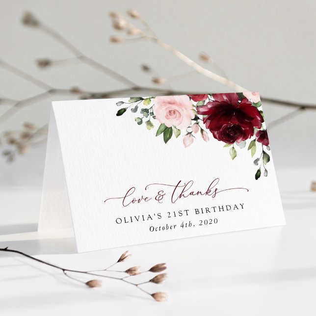 Carte De Remerciements Fleurs Bourgognes, Fleurs Roses, Boho, Anniversair (Créateur téléchargé)