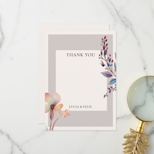 Carte De Remerciements Fleurs Classiques Aquarelle Bleue Mariage Blanc  (Devant/Arrière en situation)
