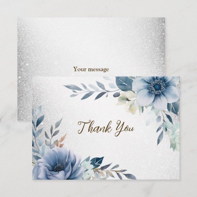 Carte De Remerciements Fleurs d'Aquarelle bleu Dusty Silver Elégant (Devant / Derrière)