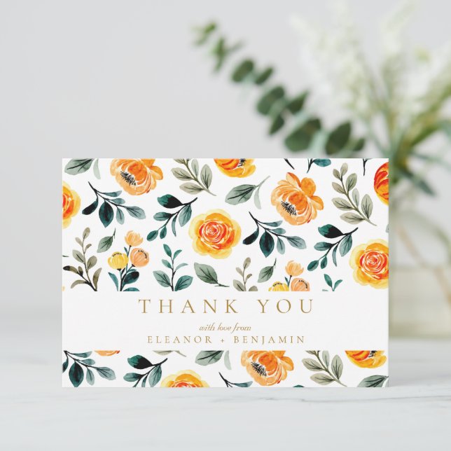 Carte De Remerciements Fleurs d'aquarelle orange Mariage personnalisé (Debout devant)