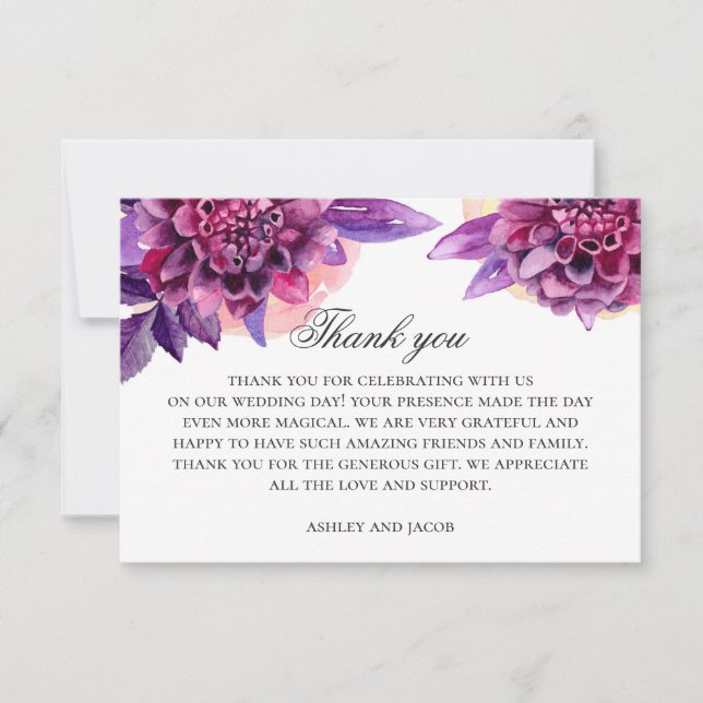 Carte De Remerciements Fleurs d'aquarelle violet. Mariage floral violet (Devant)