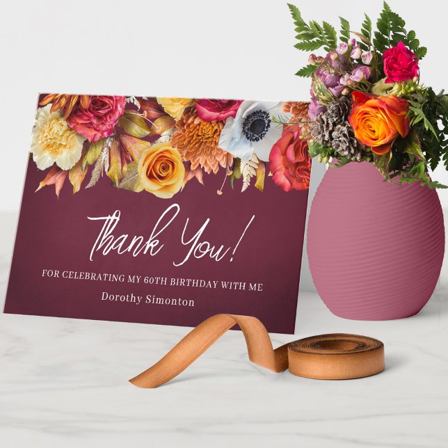 Carte De Remerciements Fleurs d'automne 60e anniversaire plié (60th birthday fall thank you note. Lots of matching products. Message me for help to see them!)