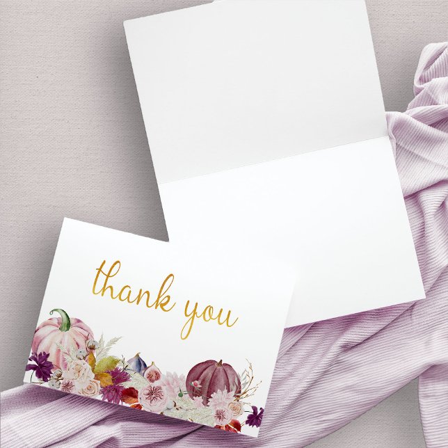 Carte De Remerciements Fleurs d'automne de citrouille rustique Calligraph (Purple and Gold rustic pumpkin thank you card)