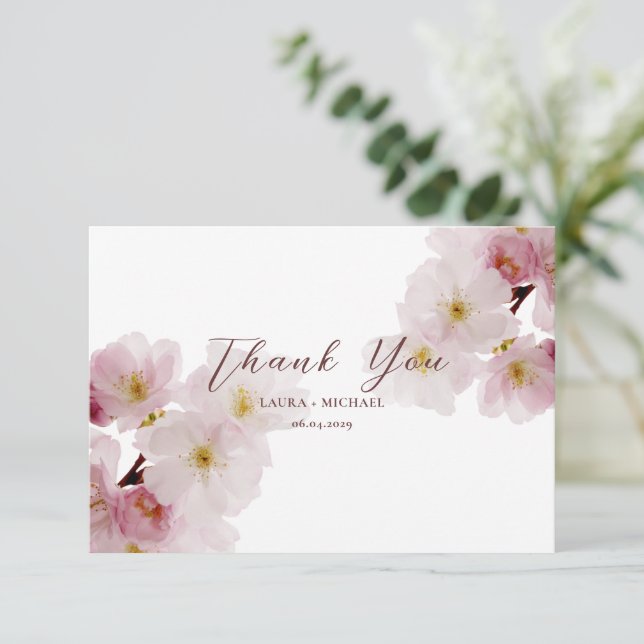 Carte De Remerciements Fleurs de cerisier rose tendre romantique (Debout devant)