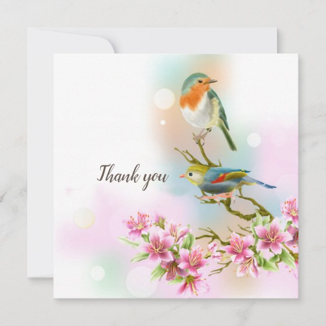 Carte De Remerciements Fleurs de cerisiers et oiseaux (Devant)