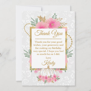 Carte De Remerciements Fleurs de citrouille rose aquarelle feuilles d'or