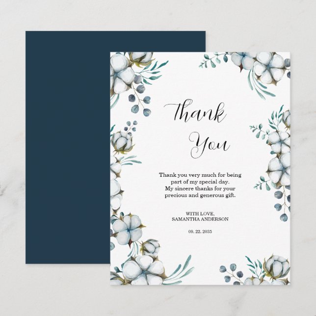 Carte De Remerciements Fleurs de coton bleu marine et eucalyptus Shower d (Devant / Derrière)
