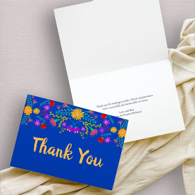 Carte De Remerciements Fleurs de fêtes mexicaines Royal Blue (Royal Blue mexican fiesta floral thank you card)
