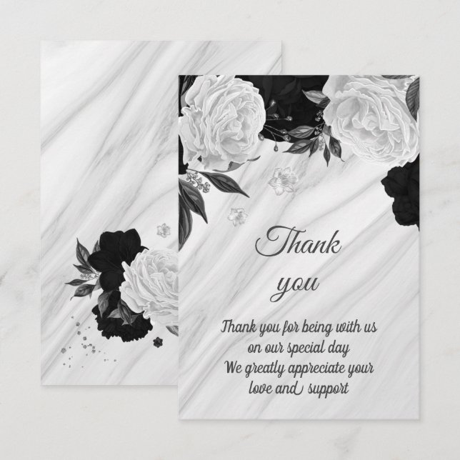 Carte De Remerciements fleurs de marbre noir et blanc  (Devant / Derrière)