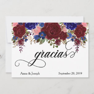 Carte De Remerciements Fleurs de mariage Gracias espagnol marine bordeaux