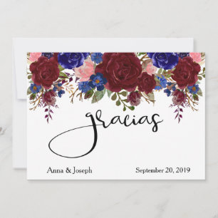 Carte De Remerciements Fleurs de mariage Gracias espagnol marine burgundy
