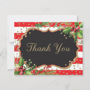 Carte De Remerciements Fleurs de Noël Rouge Noir Or Paillettes Confettis