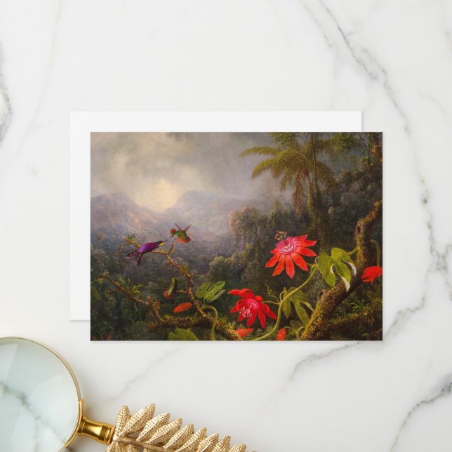 Carte De Remerciements Fleurs de passion avec trois colibris (Devant/Arrière en situation)