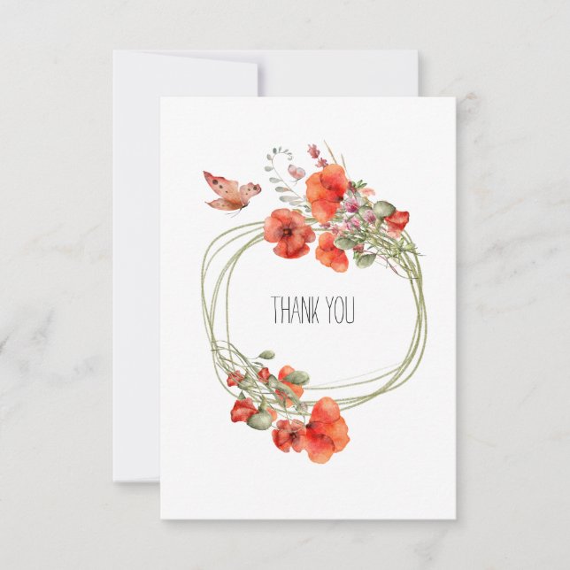 Carte De Remerciements Fleurs de pavot rouge Wreath Aquarelle Art (Devant)