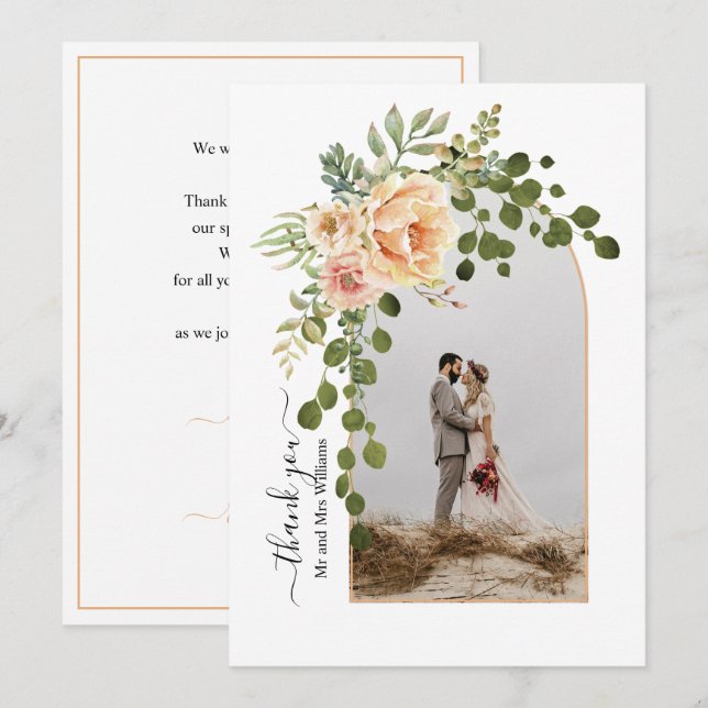 Carte De Remerciements Fleurs de pêche, arche avec mariage de automne pho (Devant / Derrière)
