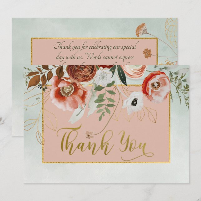 Carte De Remerciements Fleurs de pêche et de rouille sur Mariage vert (Devant / Derrière)