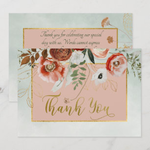 Carte De Remerciements Fleurs de pêche et de rouille sur Mariage vert