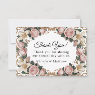 Carte De Remerciements Fleurs de Pivoines Roses Cadre Rococo de Mariage