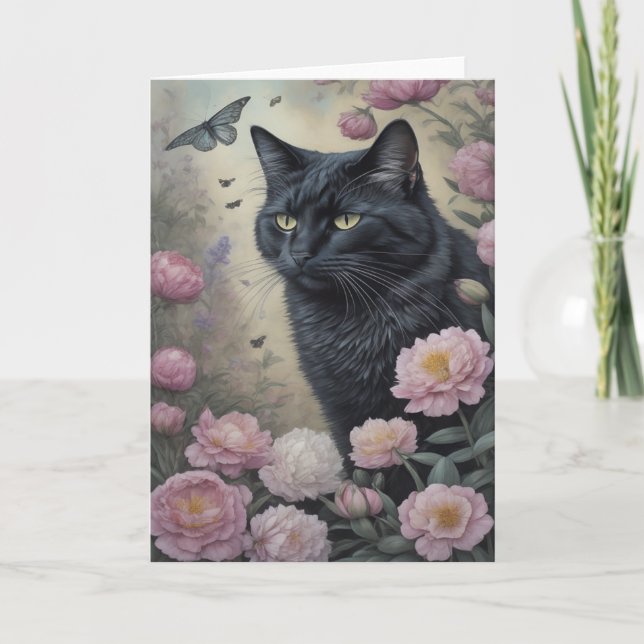 Carte De Remerciements Fleurs de pivoines roses de chat noir (Devant)