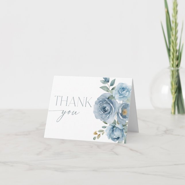 Carte De Remerciements Fleurs de rose florales bohèmes bleu poussiéreux (Devant)