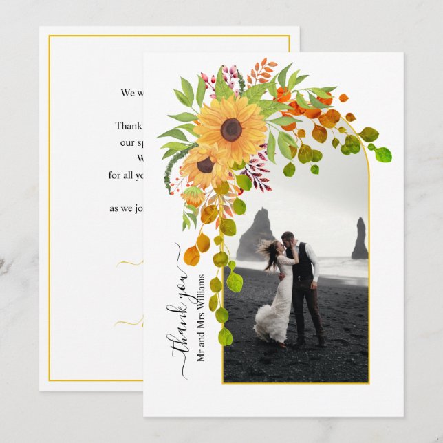 Carte De Remerciements Fleurs de soleil jaunes, arche avec mariage de aut (Devant / Derrière)