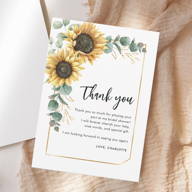 Carte De Remerciements Fleurs de verdure Tournesol Écriture Fête de maria (Floral Greenery Sunflower Script Bridal Shower Thank You Card)